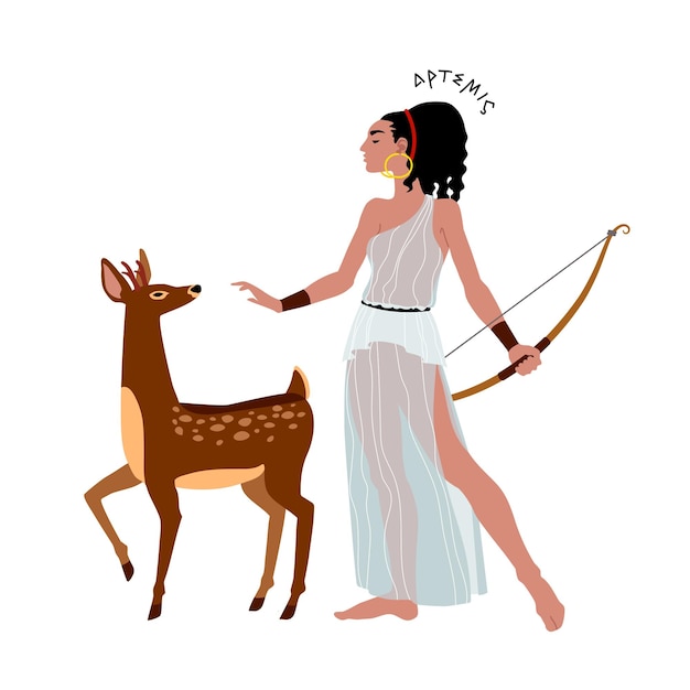 Vecteur daims et jolie femme dans une ancienne déesse de chasse tunique grecque artémis avec son animal de compagnie