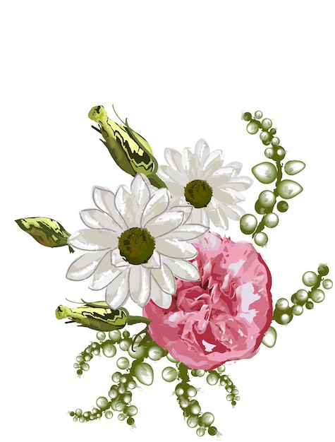 Daisy et pivoine aquarelle bouquet de fleurs carte de mariage illustrations vectorielles isolées