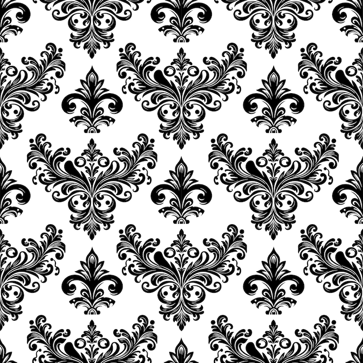 Vecteur damasque tissu textile motif sans couture décoratif de luxe séparateur floral ornemental ligne noire