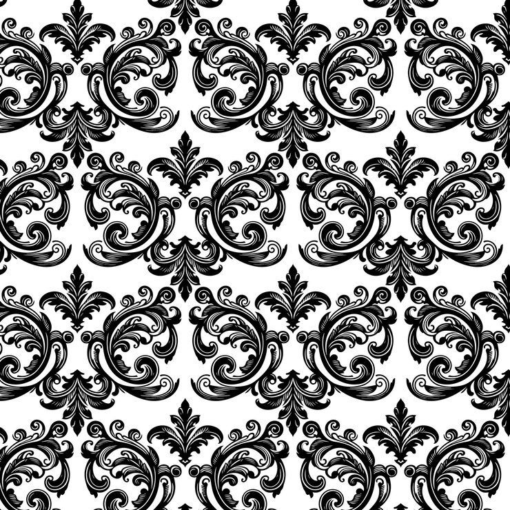 Vecteur damasque tissu textile motif sans couture décoratif de luxe séparateur floral ornemental ligne noire