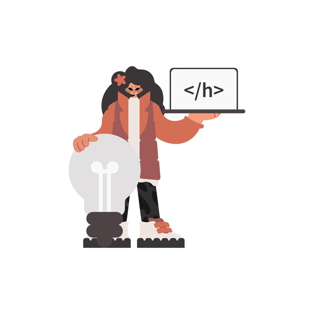 La dame énergique tient une fenêtre de navigateur avec une image de programmation et pour démarrer debout près d'une énorme ampoule retirée sur une fondation blanche illustration vectorielle de style à la mode