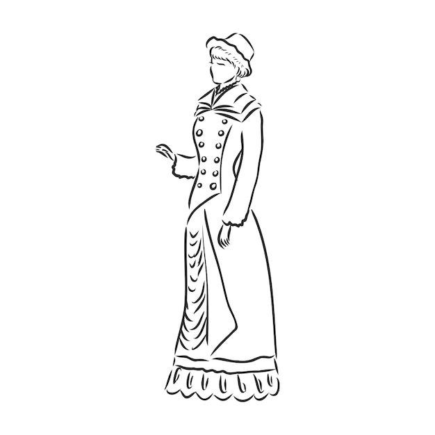 Dame Habillée Antique Old Fashion Vector Illustration Femme Victorienne En Robe Historique