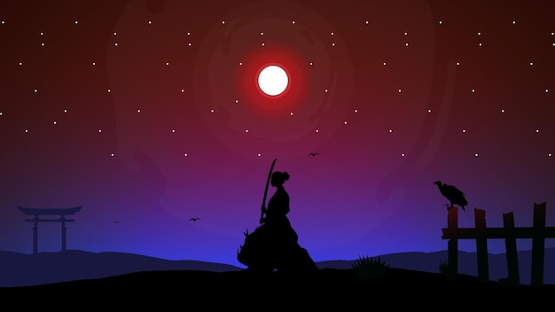 dame samouraï. silhouette d'un samouraï dans le fond de la nuit. silhouette de femme. Samouraï japonais.