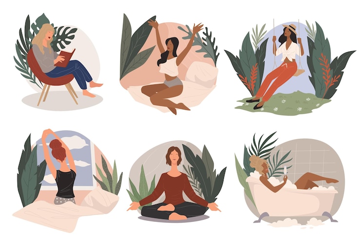 Vecteur dame se reposant dans un spa ou un complexe personnage féminin se réveillant tard en se balançant entouré de fleurs et de feuilles tropicales fille méditant prenant un bain moussant et buvant du champagne vecteur dans un style plat