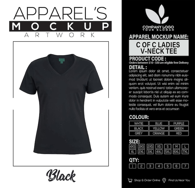 C De C Dames Contre Le Cou Tee Vêtements Noirs Mockup Dessin Artistique