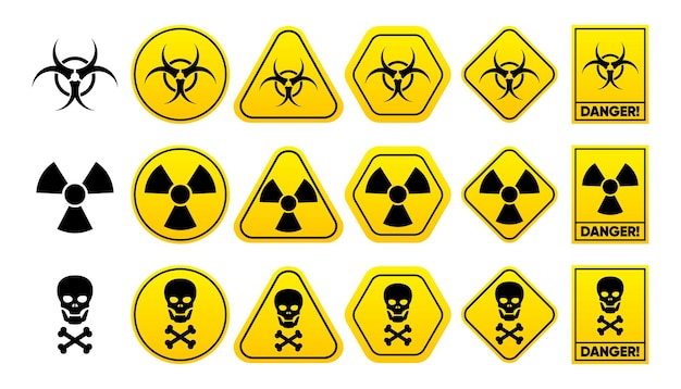 Vecteur danger radiation avertissement signe jaune signe de rayonnement signe toxique et danger biologique avertissement de danger illustration vectorielle