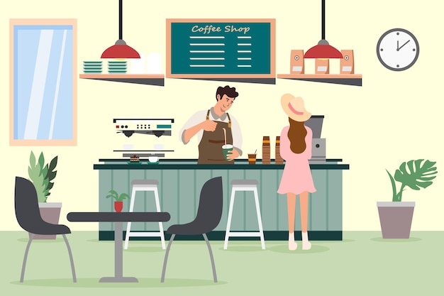 Dans le café avec un barista et un client Un intérieur de café Un homme barista préparant du café