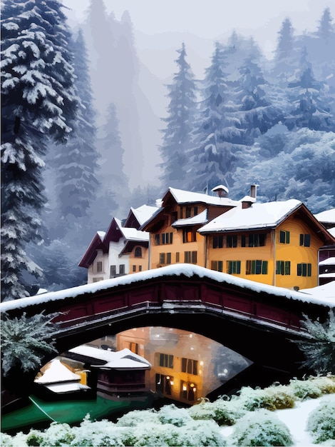 Dans le château de neige vieux château dans la ville de style bois photoréaliste rivière calme pont en pierre lointain