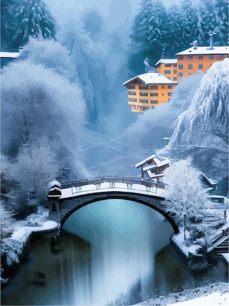 Vecteur dans le château de neige vieux château dans la ville de style bois photoréaliste rivière calme pont en pierre lointain