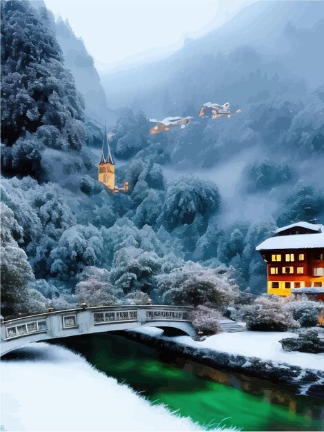 Vecteur dans le château de neige vieux château dans la ville de style bois photoréaliste rivière calme pont en pierre lointain