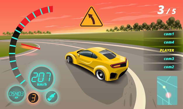 Dans la compétition de jeu, le joueur a utilisé une voiture à grande vitesse pour gagner dans le jeu de course.