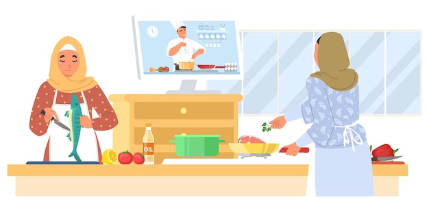 Dans une cuisine confortable, une mère musulmane et sa fille travaillent ensemble à la préparation d'un repas.