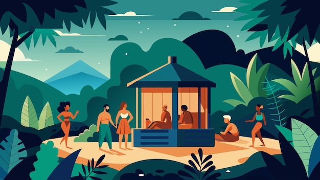 Vecteur dans une jungle épaisse et humide, un sauna extérieur moderne procure aux visiteurs un sentiment de luxe et d'indulgence.