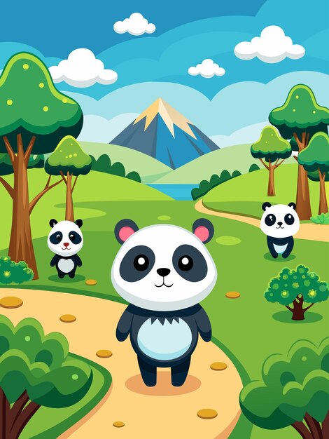 Dans Un Paysage Pittoresque De Collines Verdoyantes, Un Panda S'allonge Satisfait De Son Icône En Noir Et Blanc.