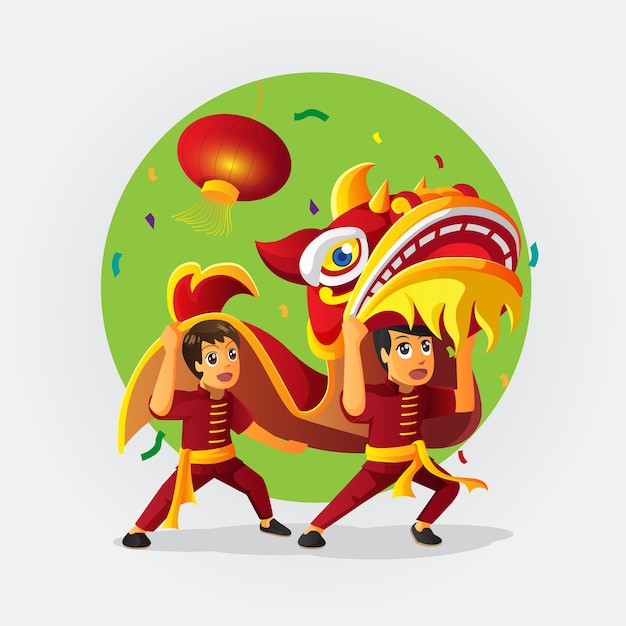 Danse du lion du nouvel an chinois dessin animé mignon