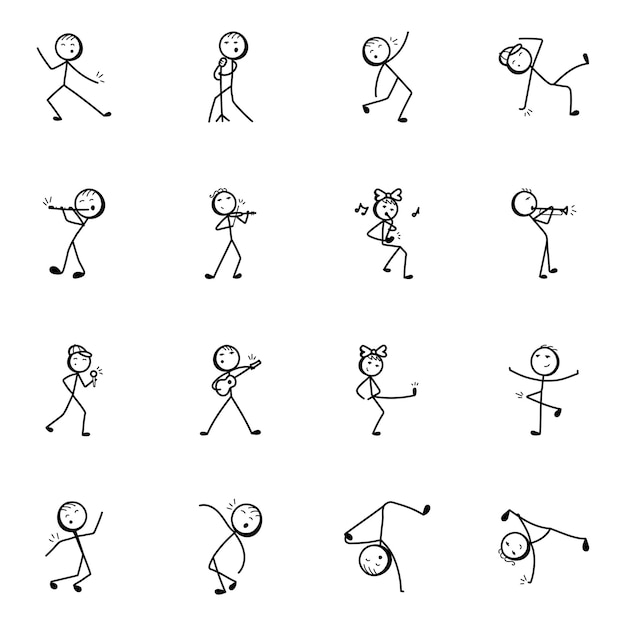 Vecteur danse et musique stick figure icônes fragmentaires