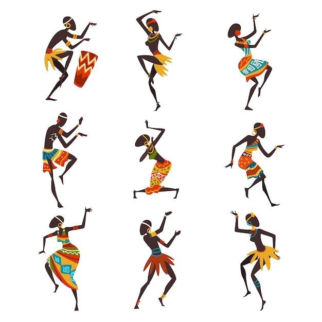 Vecteur danse populaire ou rituelle des peuples africains danseurs aborigènes en vêtements ethniques traditionnels lumineux illustration vectorielle sur fond blanc