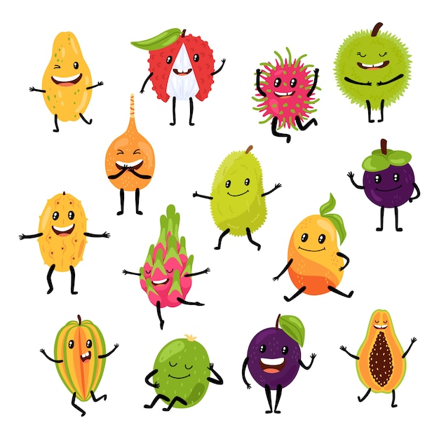 Danser les fruits exotiques tropicaux dans le caractère dessiné à la main tropique alimentaire fruité isolé sur blanc.