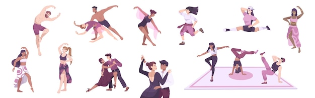 Danseur serti d'icônes plates et de personnages de danseurs masculins et féminins célibataires et en paires illustration vectorielle