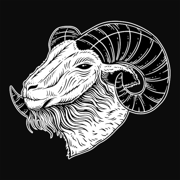 Dark Art Tête de Chèvre cornes Mouton satanique noir blanc pour illustration de tatouage et de vêtements