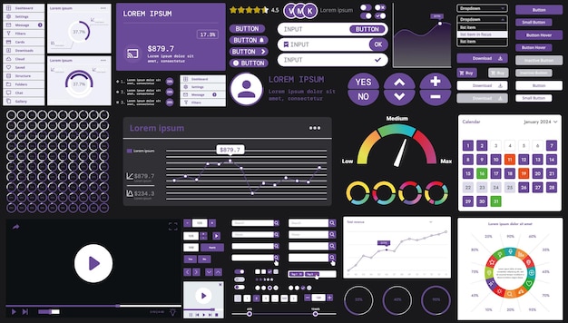 A dark set of interface elements for web and mobile applications with modern icons buttons and graphs ideal for business analytics finance and data management