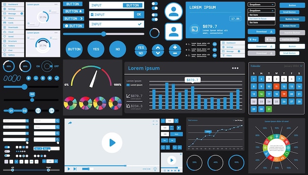 A dark set of interface elements for web and mobile applications with modern icons buttons and graphs ideal for business analytics finance and data management