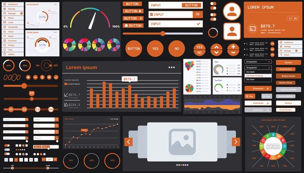 A dark set of interface elements for web and mobile applications with modern icons buttons and graphs ideal for business analytics finance and data management