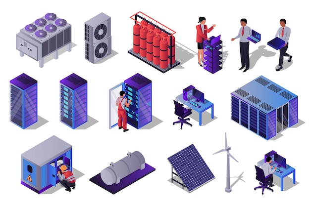 Data center 3d isometric set Collection isolated flat elements of hardware server racks technicians administration process computer technology network database more Vector illustration