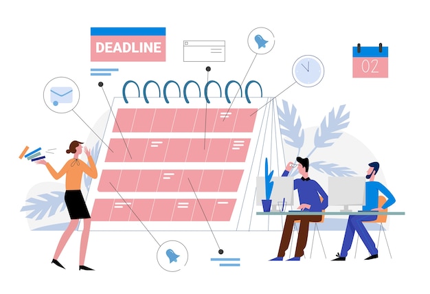 Date limite en illustration de travail. Les gens d'affaires de dessin animé organisent le flux de travail, planifient l'échéance sur le calendrier du planificateur de rappel, gestion du temps efficace, concept multitâche sur blanc