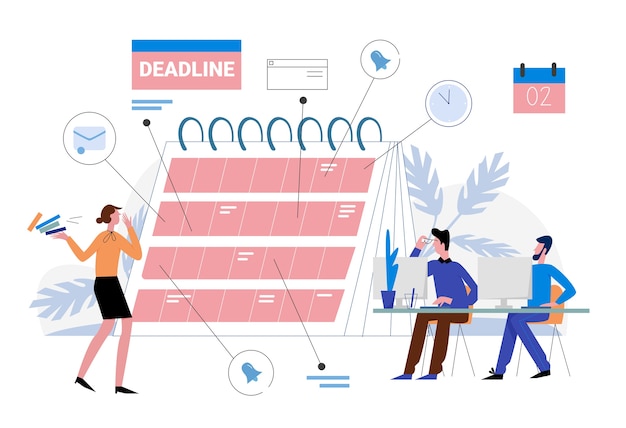 Date Limite En Illustration De Travail. Les Gens D'affaires De Dessin Animé Organisent Le Flux De Travail, Planifient L'échéance Sur Le Calendrier Du Planificateur De Rappel, Gestion Du Temps Efficace, Concept Multitâche Sur Blanc