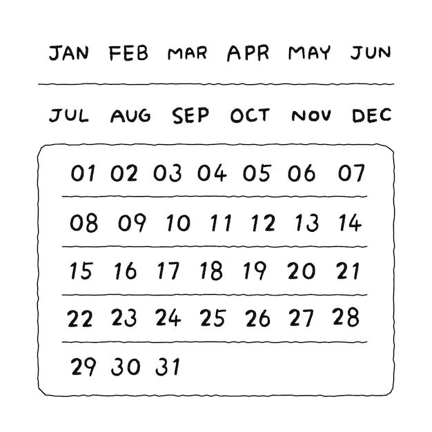 Vecteur date manuscrite simple dans un style classique calendrier des numéros manuscrits vectoriels