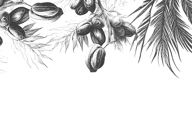 Dates Dessinées à L'encre Avec Des Feuilles. Des Fruits Mûrs Pendent Des Branches.