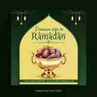 Vecteur des dattes spéciales du ramadan, des fruits sur une coupe arabe de luxe, une bannière sur les réseaux sociaux et un post sur instagram.