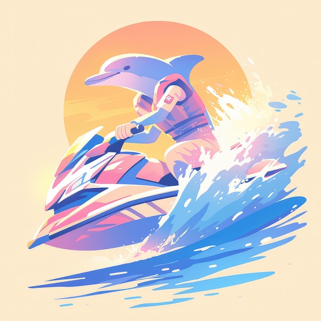 Un dauphin sur un jet ski dans le style des dessins animés