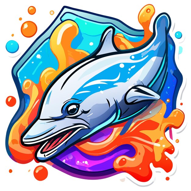 Vecteur des dauphins colorés dessinés à la main, des autocollants de dessins animés élégants, des icônes, des concepts, des illustrations isolées.