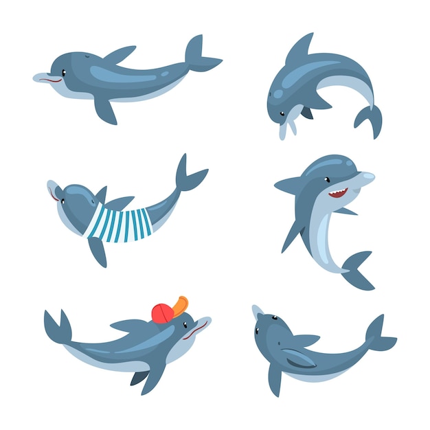 Des dauphins mignons et drôles nageant et sautant. Illustration vectorielle de dessins animés.