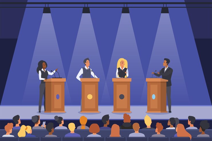 Vecteur débat politique des orateurs sur les podiums des politiciens parlant devant le public