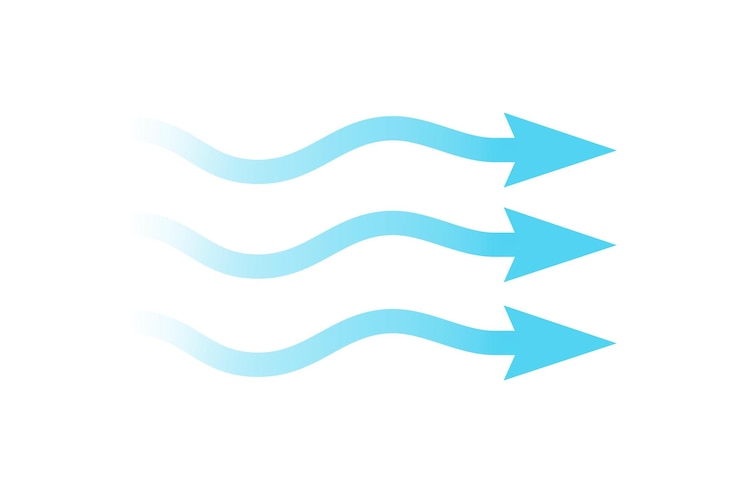 Vecteur débit d'air flèche bleue indiquant la direction du mouvement de l'air flèche de direction du vent flux frais et froid bleu du conditionneur illustration vectorielle isolée sur fond blanc