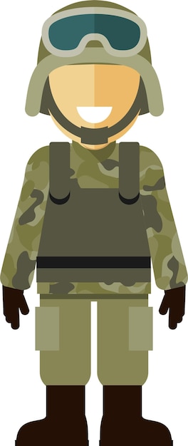 Vecteur debout, jeune homme, soldat, dans, camouflage, uniforme militaire, et, casque, dans, plat, style