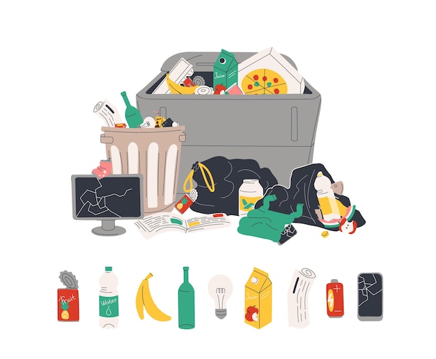 Déchets non triés dans des poubelles et des sacs poubelles. Plastique, verre, métal, papier, déchets organiques dans une benne isolée sur fond blanc. Ordures ou détritus. Illustration vectorielle colorée de dessin animé plat.