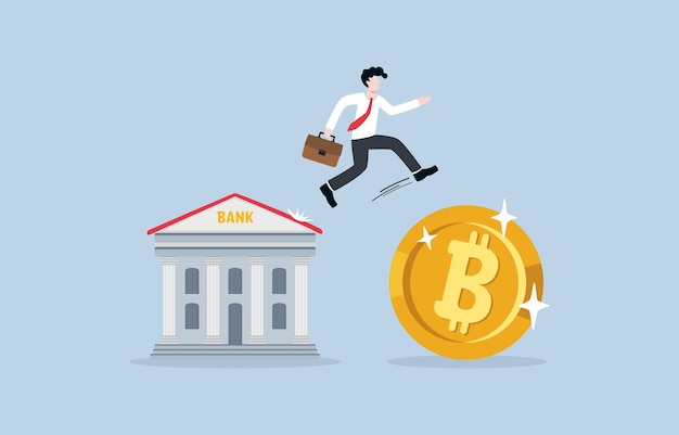 Décision De Transférer De L'argent Au Concept De Décentralisation Financière L'homme Saute De La Banque Au Bitcoin
