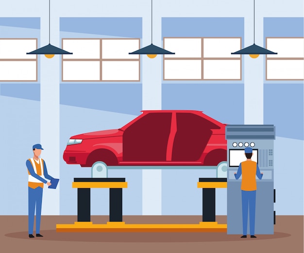 Décor d'atelier de réparation automobile avec des mécaniciens et voiture levée sur machine