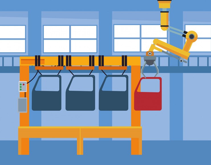 Vecteur décor d'atelier de voiture avec machine avec portes de voiture et bras industriel tenant une porte rouge