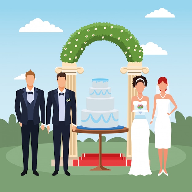 Vecteur décor de mariage avec un couple juste marié et garçons d'honneur debout autour du gâteau de désherbage et de l'arc floral