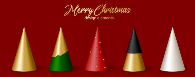 Décor de Noël et du nouvel an Ensemble d'arbres de Noël de dessin animé 3D or blanc rouge vert et noir