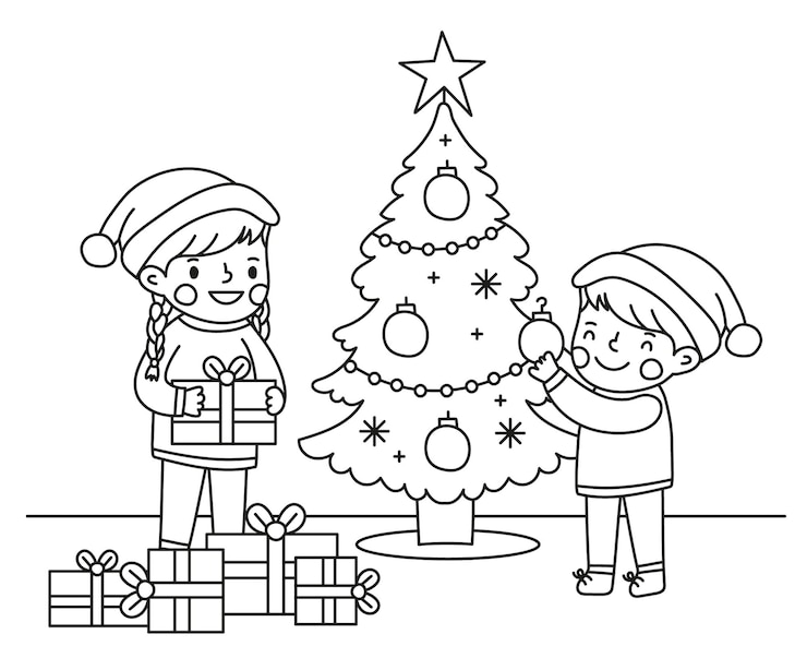 Vecteur décoration de garçon et de fille arbre de noël illustration de dessin en ligne vectorielle