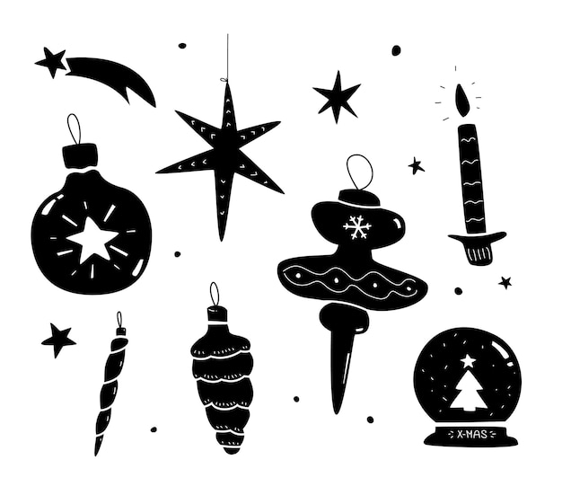 Vecteur décoration de noël et ornements de noël dans un style plat mignon illustration en noir et blanc