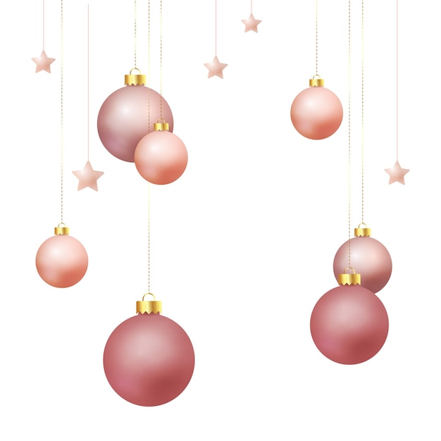 Vecteur décoration réaliste de boules de noël en or rose avec des ornements dorés