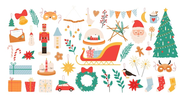 Décorations et jouets de dessin animé de Noël. Éléments de décoration de nouvel an et joyeux Noël, casse-noix, gui, chaussettes et ensemble de vecteurs d'autocollants santa. Illustration décoration noël et jouet à offrir