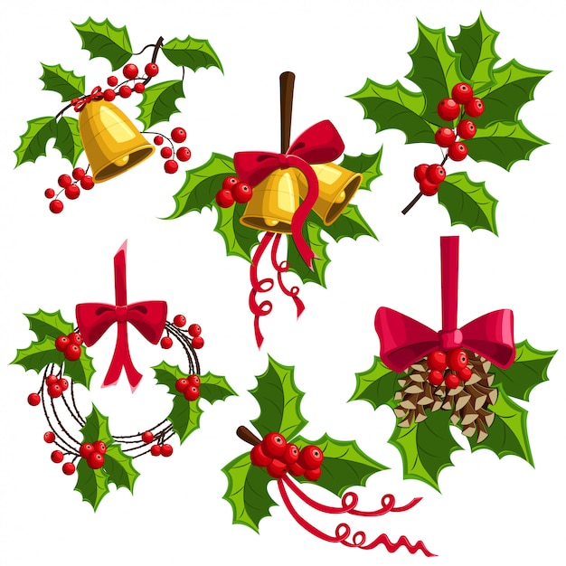 Décorations de Noël avec des cloches, un arc et des pommes de pin